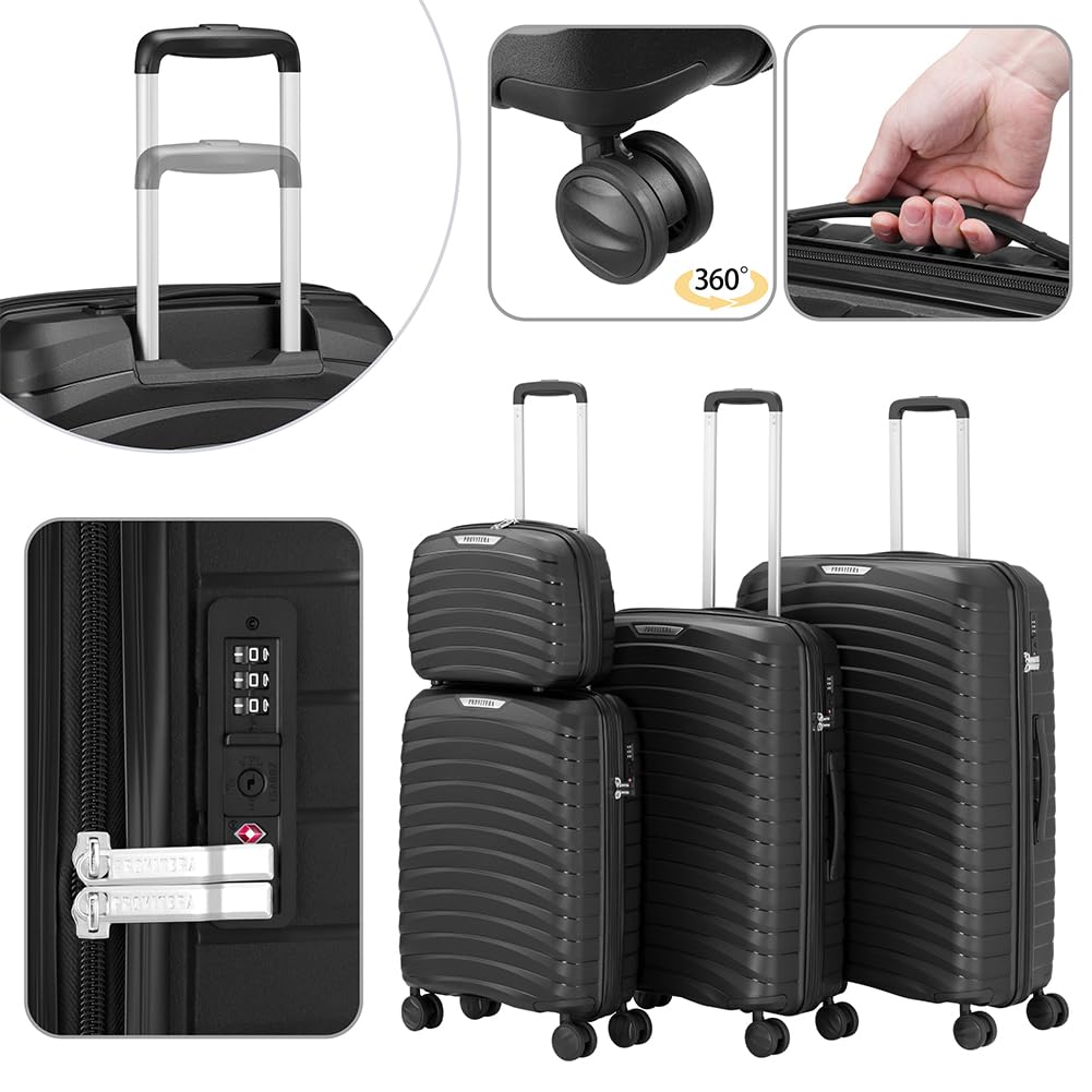 Set 4 Valigie Rigide con Beauty Case in Polipropilene Ultra Resistente agli Urti, Trolley Manico Telescopico e Ruote Easy Roll, Serratura Codice Rinforzata e Design Moderno (Nero)