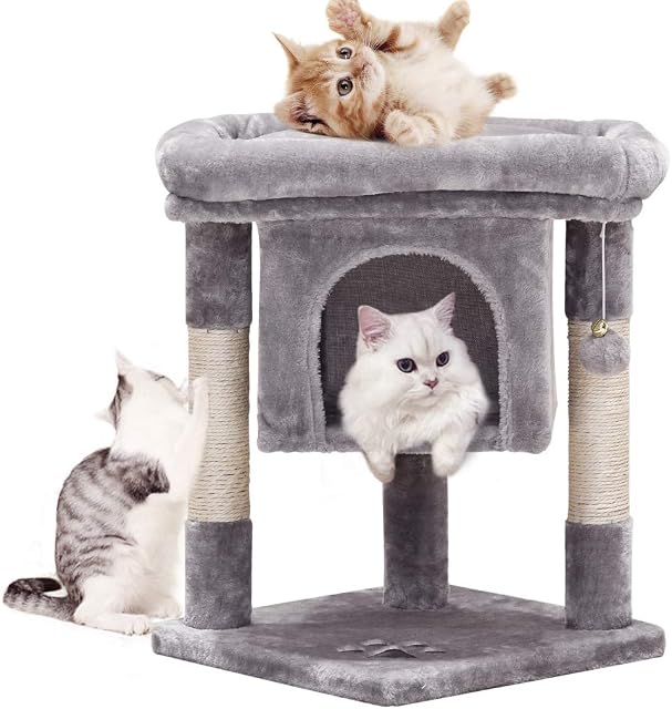 JISSBON Cat Tree Tower with Large Condos, Padded Plush Perches & Cat Scratching Post for Kittens, Adult Cats, Light Grey