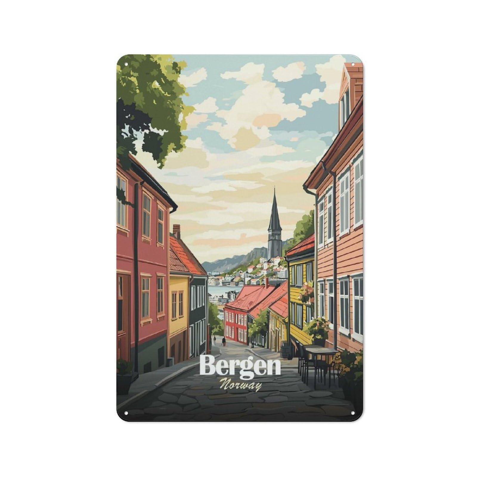 Decorative Tin Plaque with Bergen, Norway Street View Illustration Design 30x20cm, Decorative Novelty Wall Art for Bedroom, Kitchen, Office Or Living Room