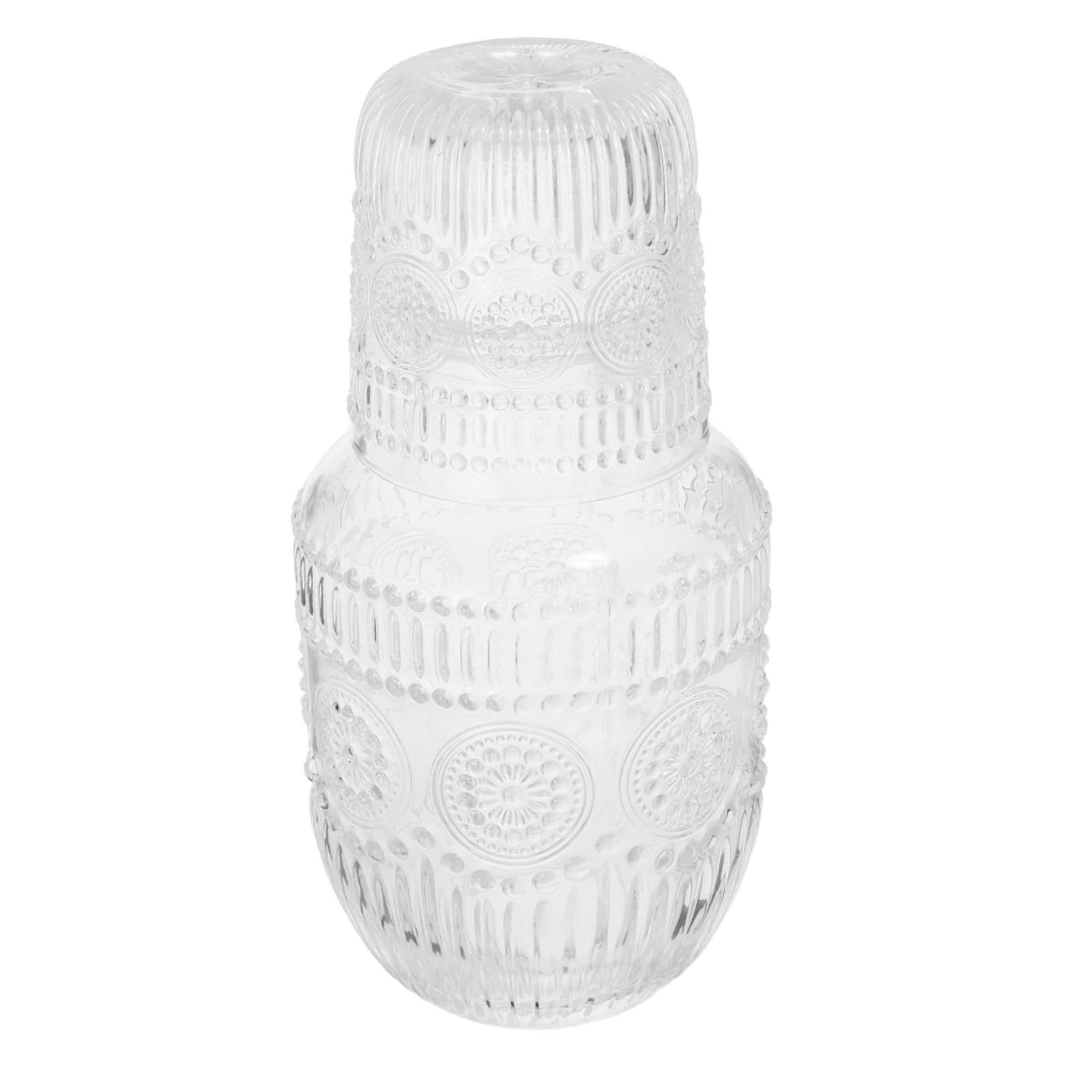 Unomor Set Vintage Bedside Water Carafe and Glass Set Elegant Beverage Carafe with Dual Function Lid Clear Glass Water Bottle and Cup for Nightstands Guest Rooms and Home Use