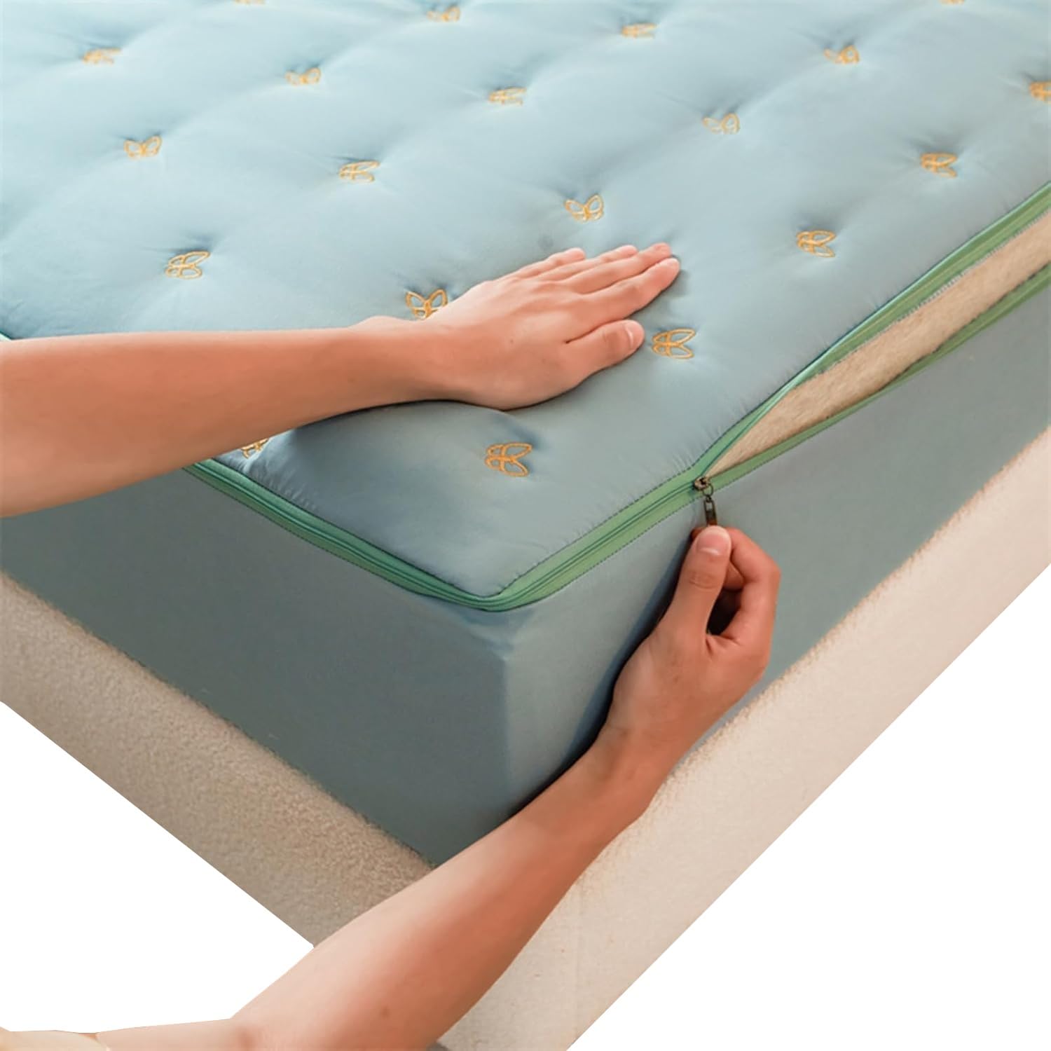 AQIGR Zipped Mattress Cover with Zip Single/Double Bed Encasement Anti Bed Bug Hypoallergenic Mattress Zipped Protector Covers 12/20/25/30/35cm Deep(Sky Blue,180x200+12cm)