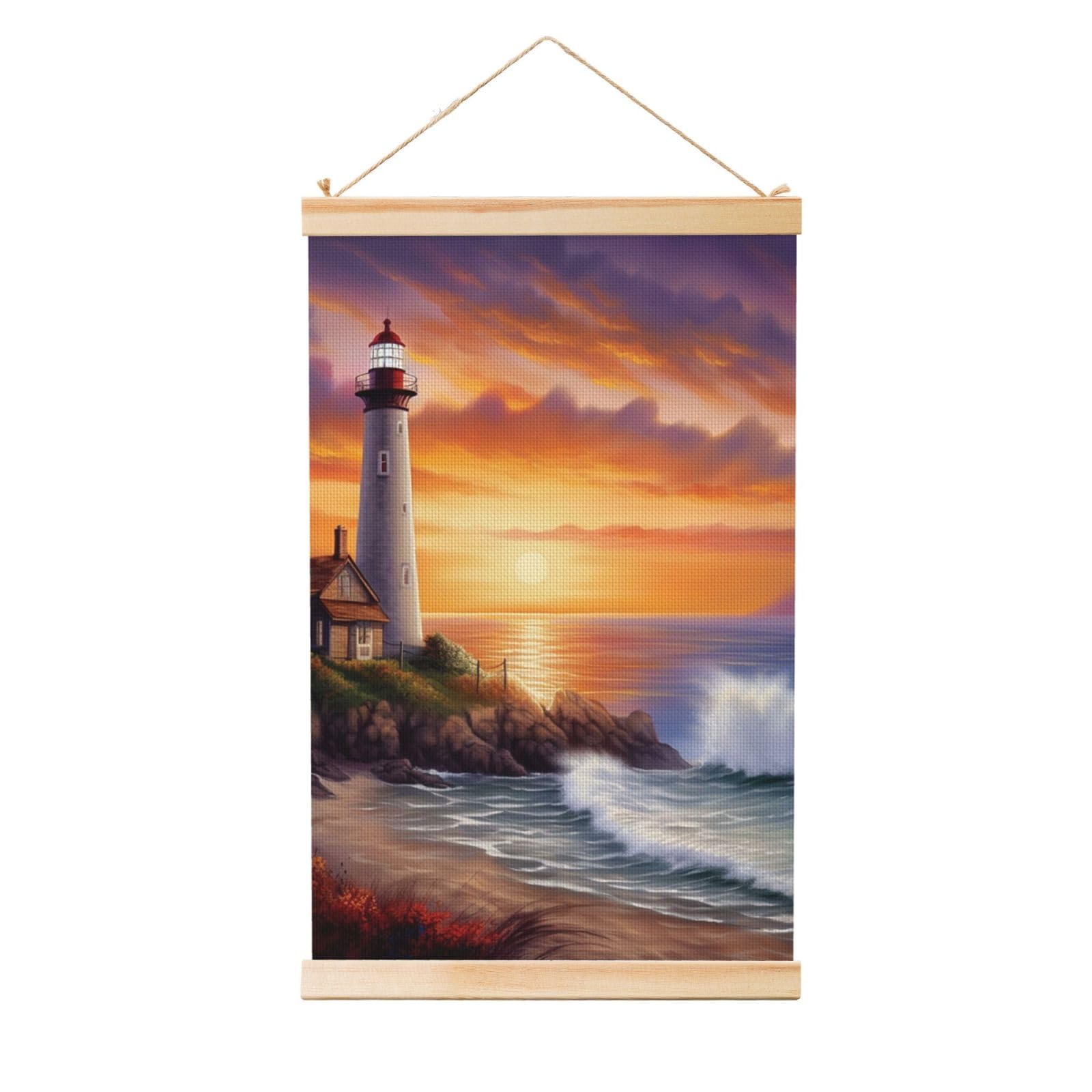 Lighthouse at Sunset Posters Wooden Shaft Hanging Poster Canvas Prints Scroll Wall Art Painting Vintage Wall Banner Modern Artwork Decor for Home Decor Ready to Hang 12"x18"