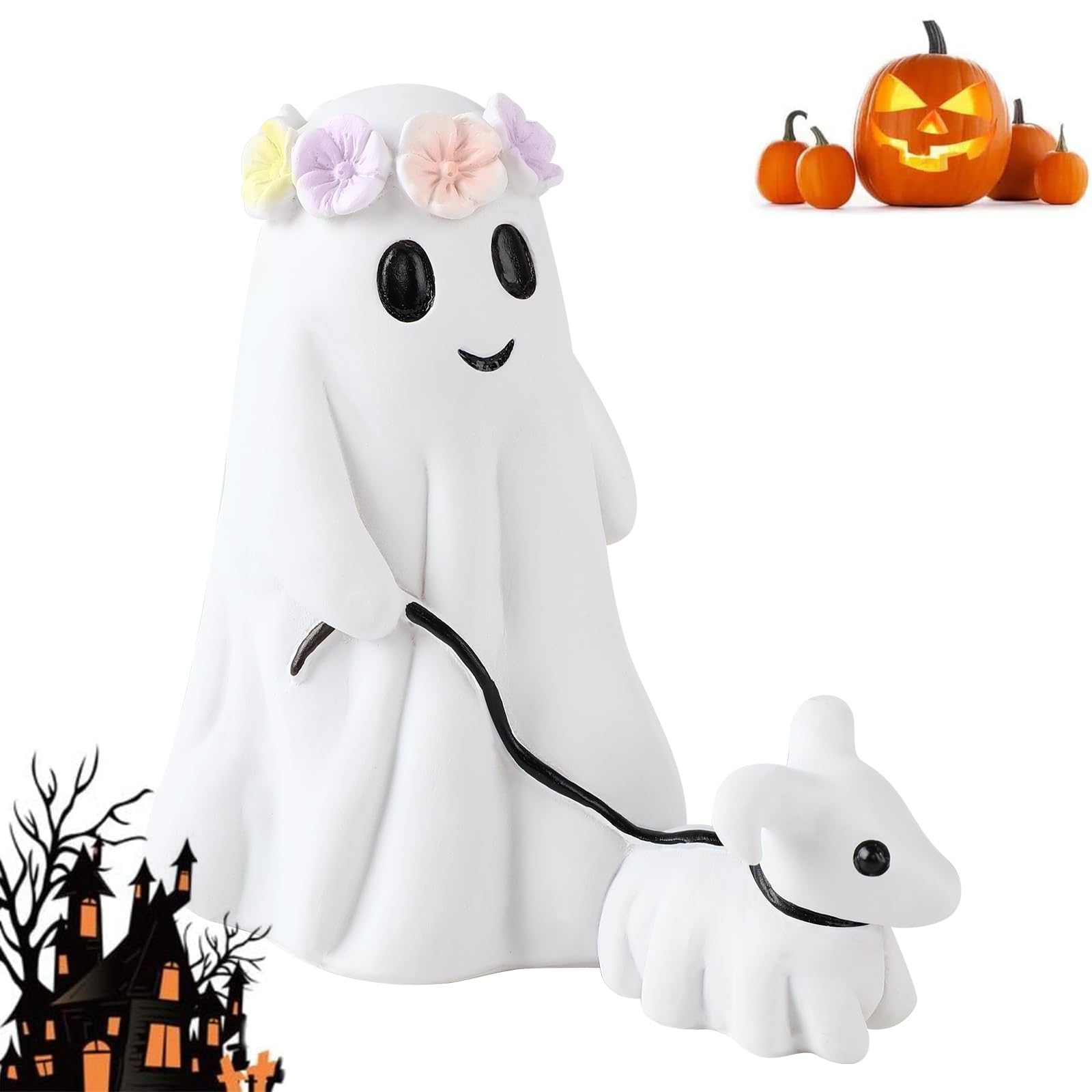 KOQ Ghost Walking Dog Statue, 2024 NewSpooky Ghost Dog Halloween Figurine, Halloween Ghost Dog Statues, Ghost Walking His Ghost Dog, Halloween Ghost Decor for Indoor Outdoor (White)