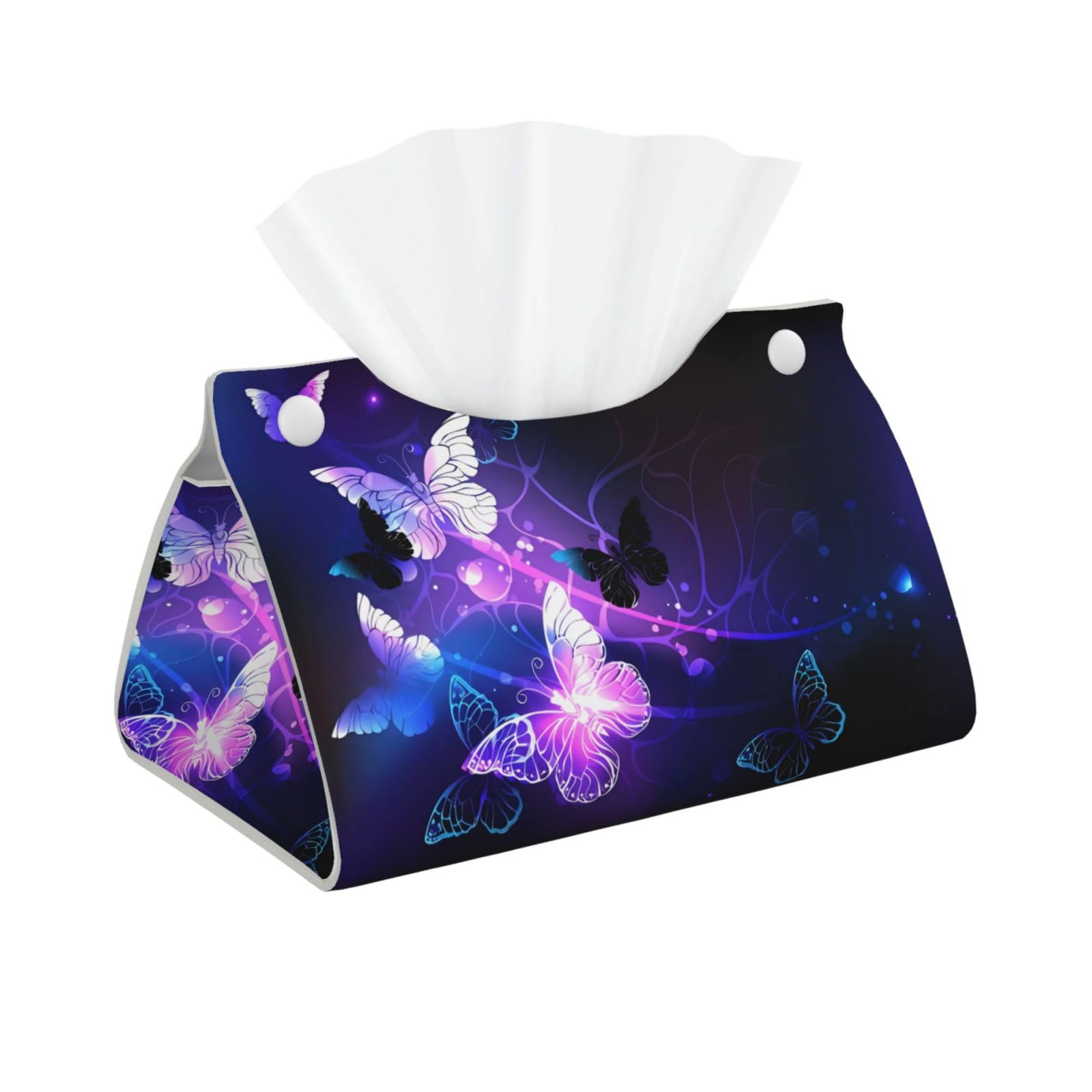 White Purple Butterflies Print Long Tissue Box Cover Holder Foldable Leather Organizer for Vanity, Nightstand, Desk & Bathroom