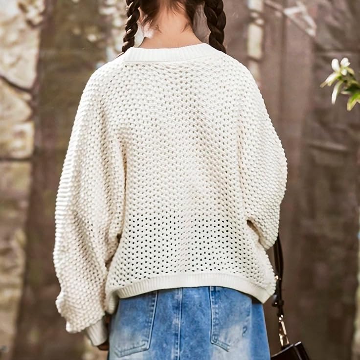 Riclena Girls Cardigan Sweater V-Neck Net Solid Color Front Button Mesh Knit Wide Cardigan2