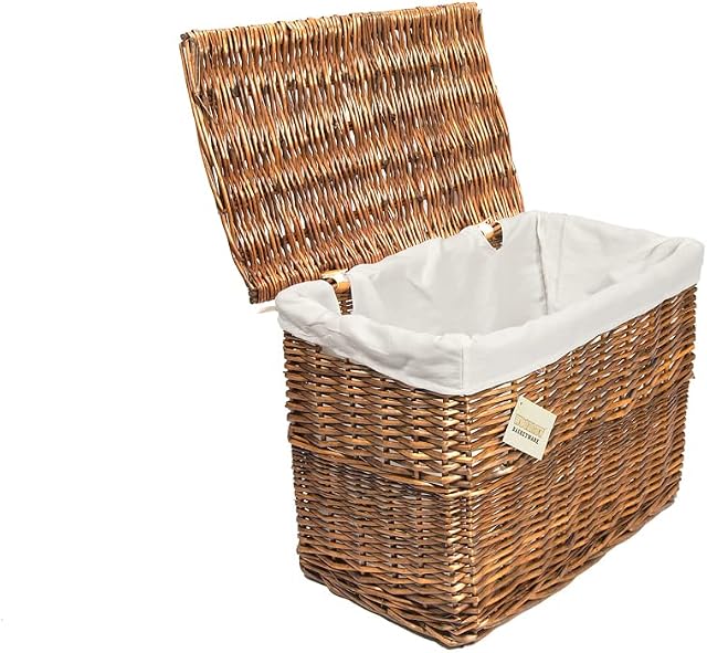 woodluv Med. Brown Wicker Basket W/White Linning Storage Trunk Chest Hamper