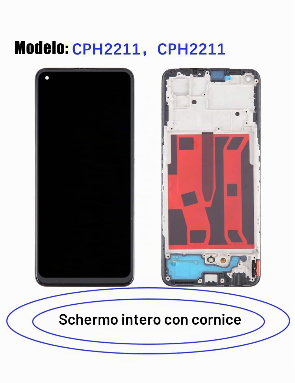 Display di ricambio per display LCD Oppo Reno5 Z / A94 5G TFT, CPH2211 CPH2211 Display Touch Digitizer Assembly Kit parti di riparazione (nero con cornice, senza impronte digitali)
