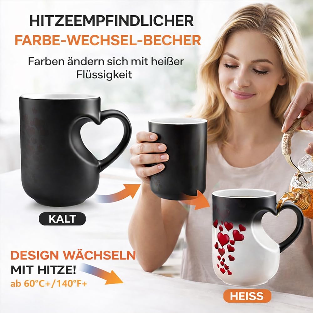 330 ml kubek ceramiczny z uchwytem w kształcie serca – magiczny kubek na kawę i herbatę, romantyczny kubek miłosny, prezent na Walentynki (2, czarny)