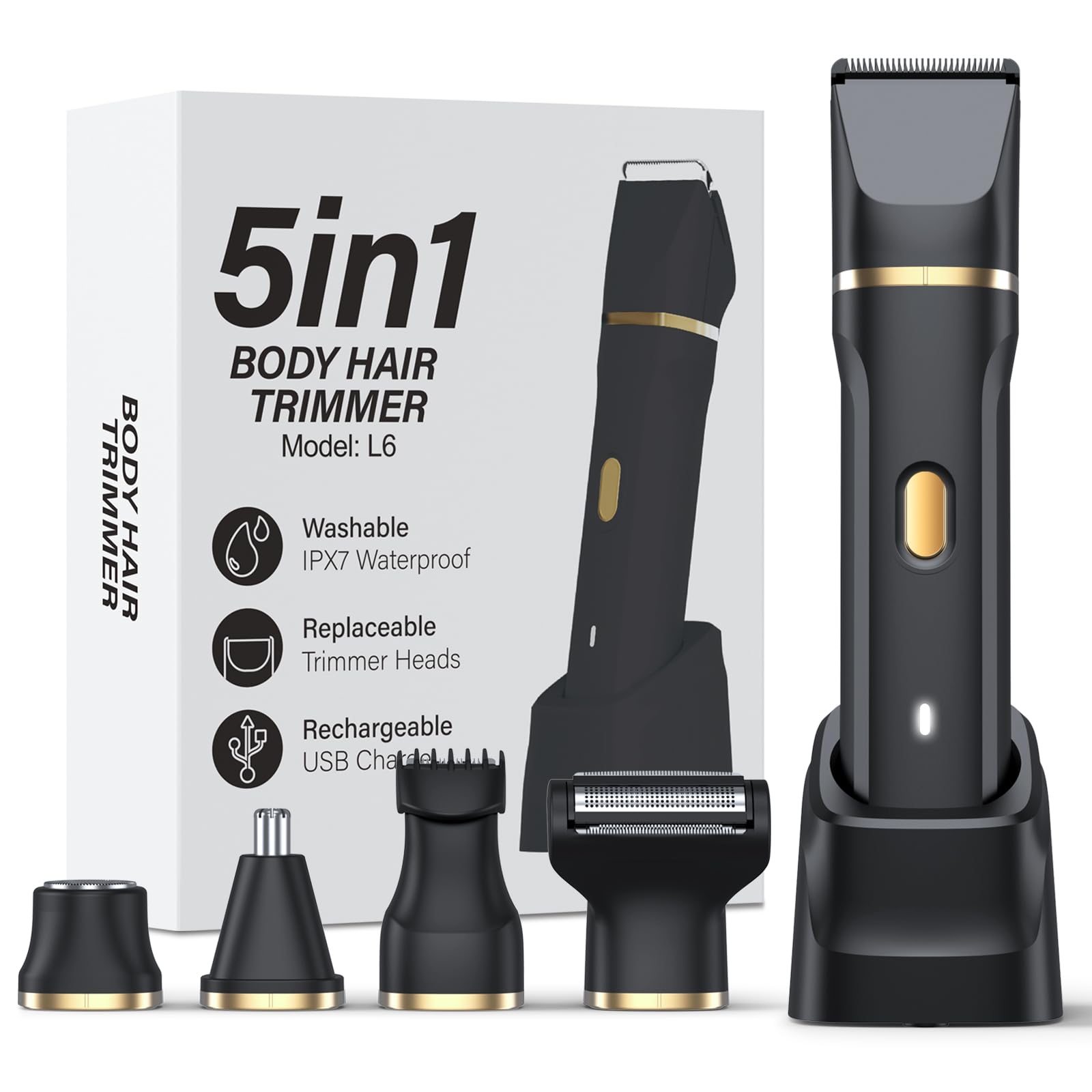 Upgraded 5-in-1 Bikini Trimmer for Women, IPX7 Waterproof Electric Razors Shaver, Cordless Body Hair Trimmer, Facial & Pubic Hair Removal, Ceramic Blade (Black)