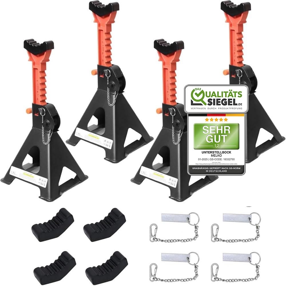Melko - Gato de elevación de 6000 kg con tope de seguridad y 2 x cuñas de goma para coche - Gato de 6 T de hierro fundido - Soportes de coche con 9 niveles de altura ajustable 28-42,5 cm - Lote de 4