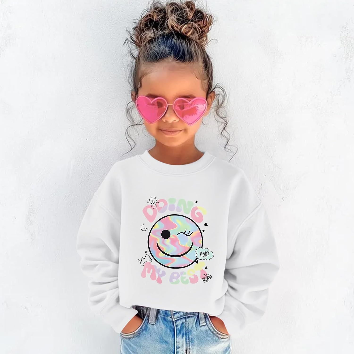 KIEKIECOO Girls Cute Graphic Sweatshirts Smile Face Sweatshirt Kid Preppy Crewneck Pullover Casual Long Sleeve - Image 3