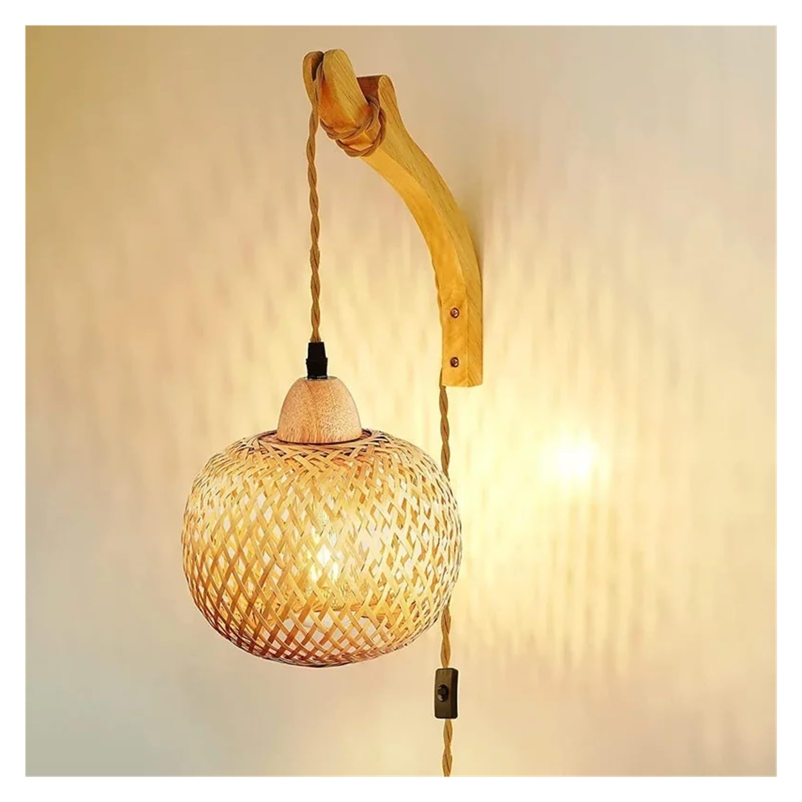 Lampada Da Parete A Lanterna In Bambù, Lampadari In Vimini E Rattan Naturale, E27, Paralumi In Intrecciato A Mano, Lampade Regolazione Flessibile(Wood - No light -A)