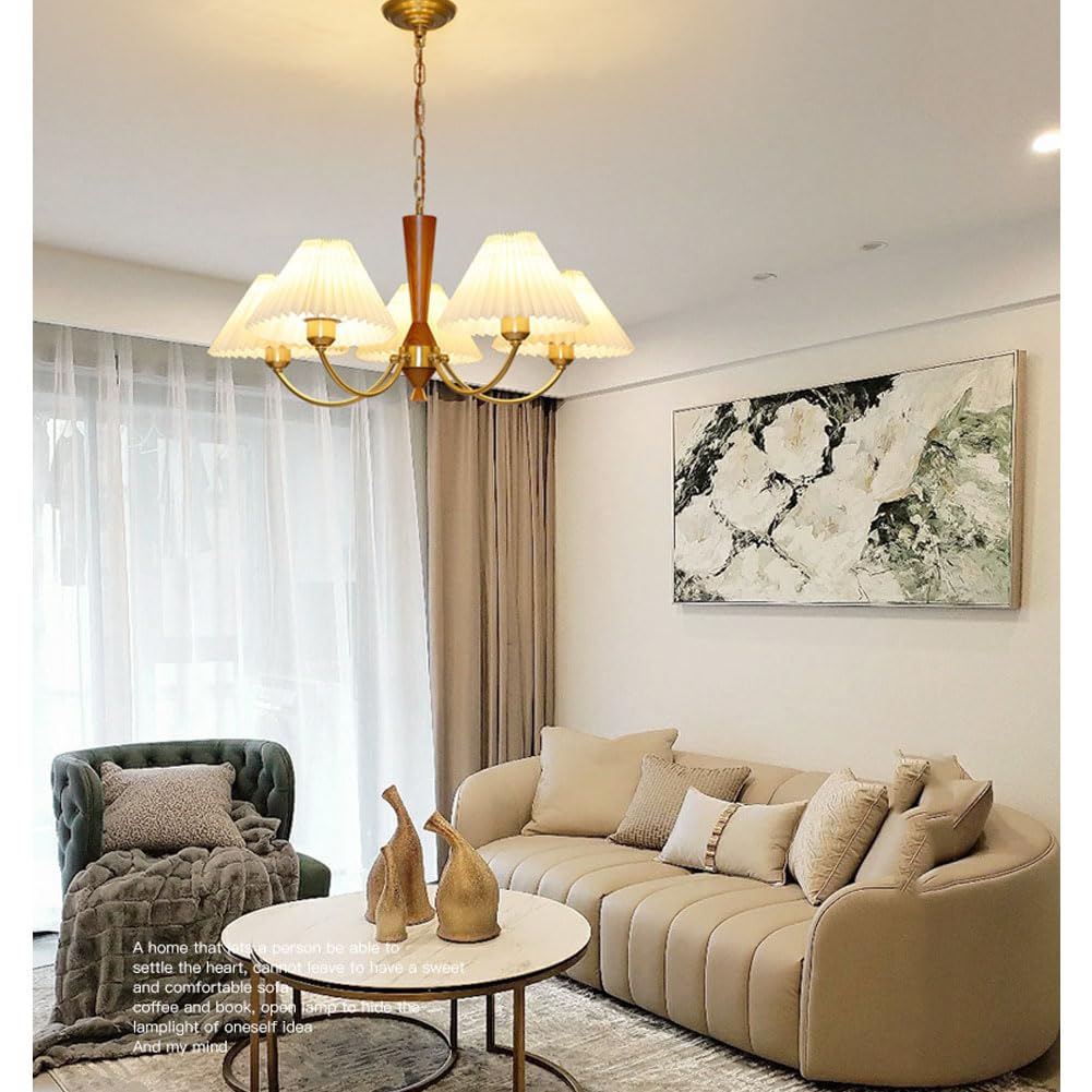 Żyrandol w stylu retro o pełnym spektrum, rustykalna lampa wisząca z drewna orzechowego i miedzi, oświetlenie z plisowanym kloszem, styl wiejski do salonu, gabinetu i jadalni, 6 głowic