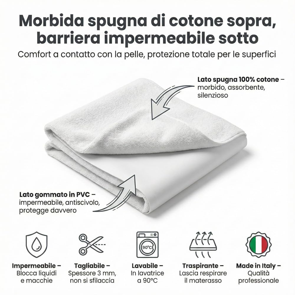 Tejido impermeable de rizo de algodón PVC de 3 mm – Protector de colchón, protector de sofá, protección para cuna y mascotas – Fabricado en Italia 140 x 240 cm