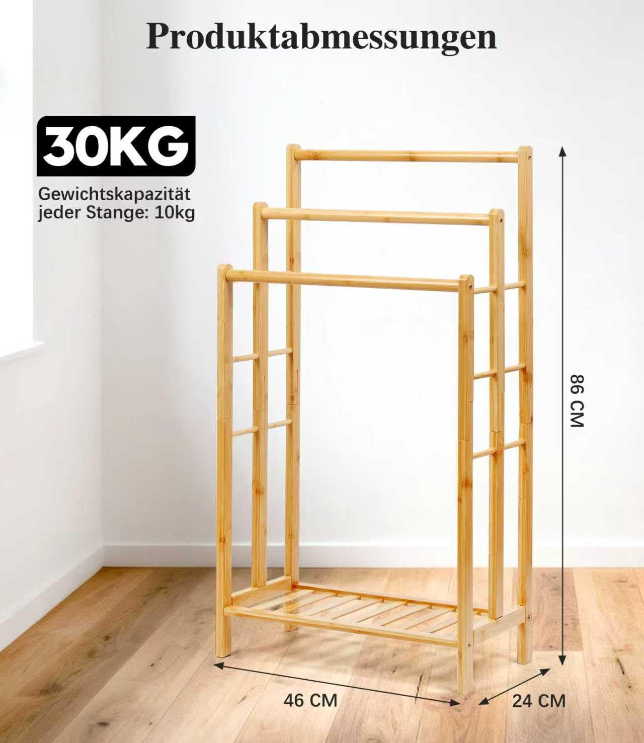Portasciugamani in bambù con ripiano, portasciugamani indipendente, scaletta portasciugamani con 3 aste, bagno, soggiorno, salvaspazio (altezza 86 cm)