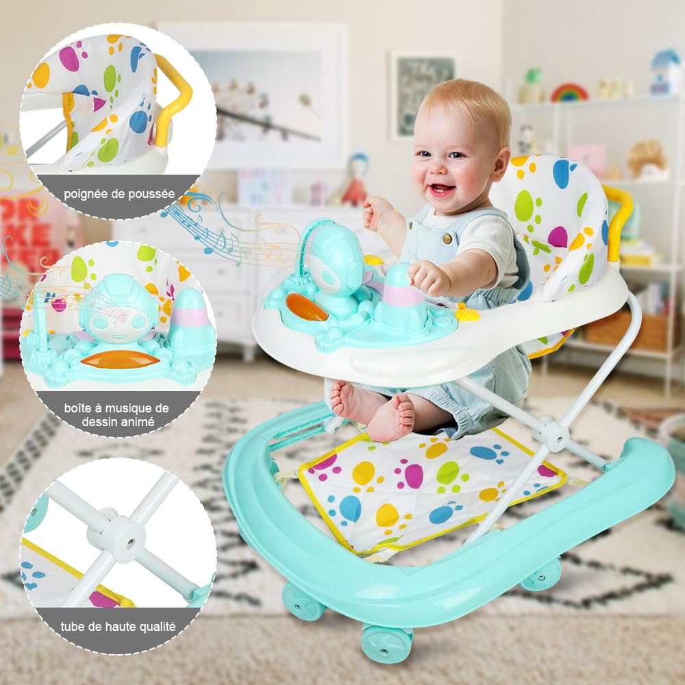 Andador Bebe Caminar Plegable, Andador de Bebé Multifunción con Ruedas Silenciosas Centro Actividades Bandeja Extraíble Antibalanceo 6-18 Meses (62 x 68 x 36-81 cm - Verde)