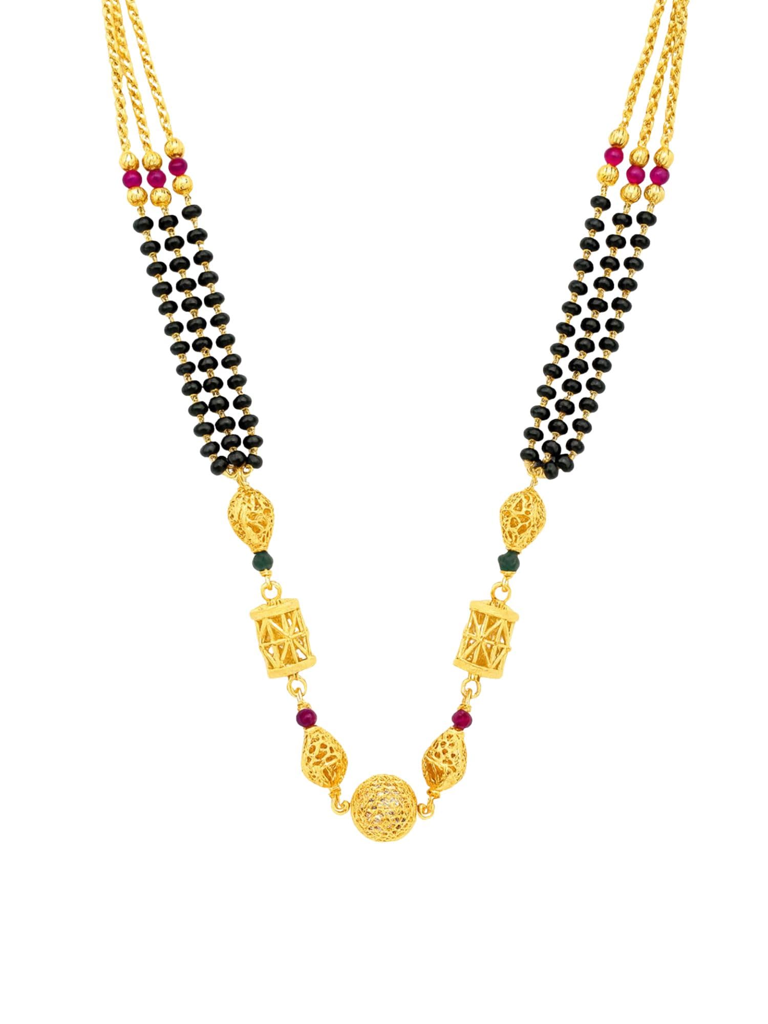 Gold Plated Long Mangalsutra Designs for Women with Traditional Black Beads, Multi-Layer Chain, Ruby Accents | Festive Wedding South Indian Maharashtrian Style Long Mangalsutra Necklace-image-8