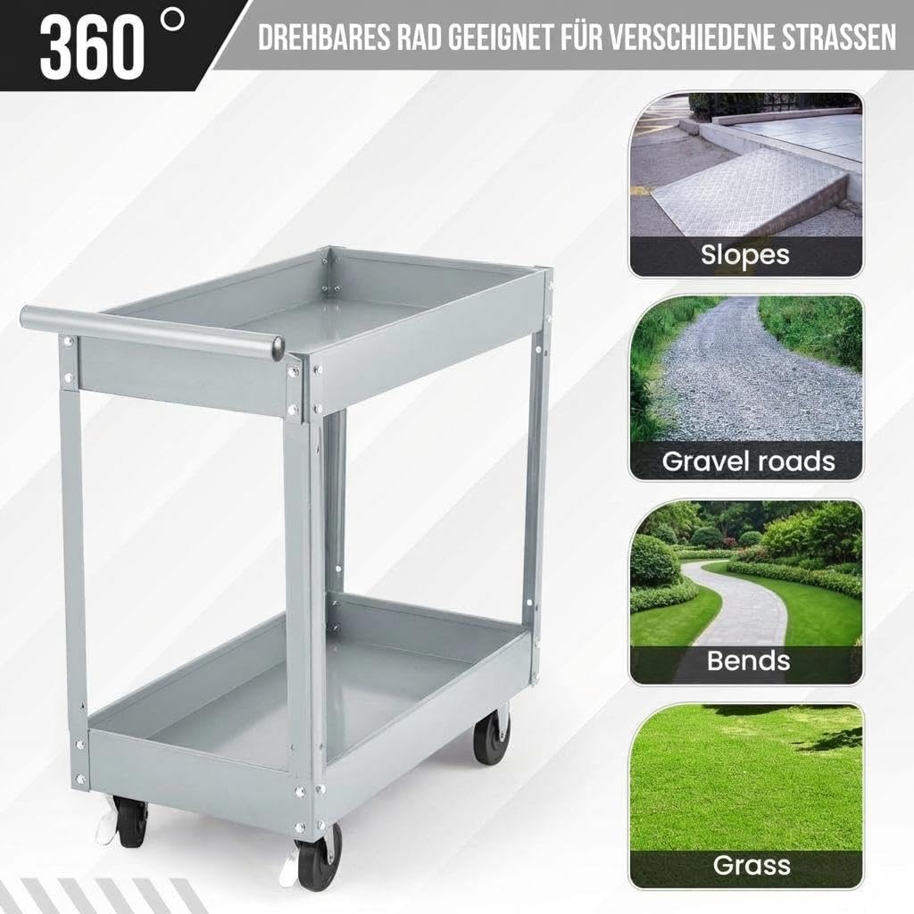 Werkzeugwagen Rollbar 2 Ebenen, Bis 150 kg Belastbar, Metall Werkstattwagen Mit Rollen, Schwerlast Servicewagen Mit Ablagen, Werkzeugwagen Für Garage, Werkstatt, Lager & KFZ-Reparatur, Grau