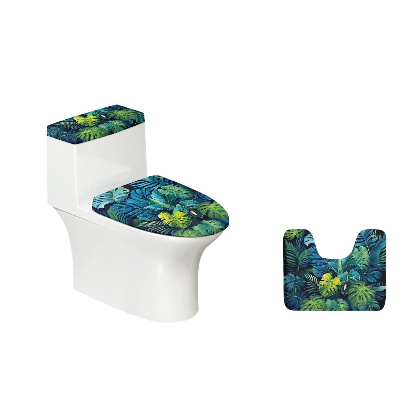 ZDCUSTOM Tropical Monstera Toilet Lid Seat Cover Set of 3, Absorbent Contour Rug, Toilet Tank Cover and Toilet Lid Cover Non Slip Bathroom Decorations Set