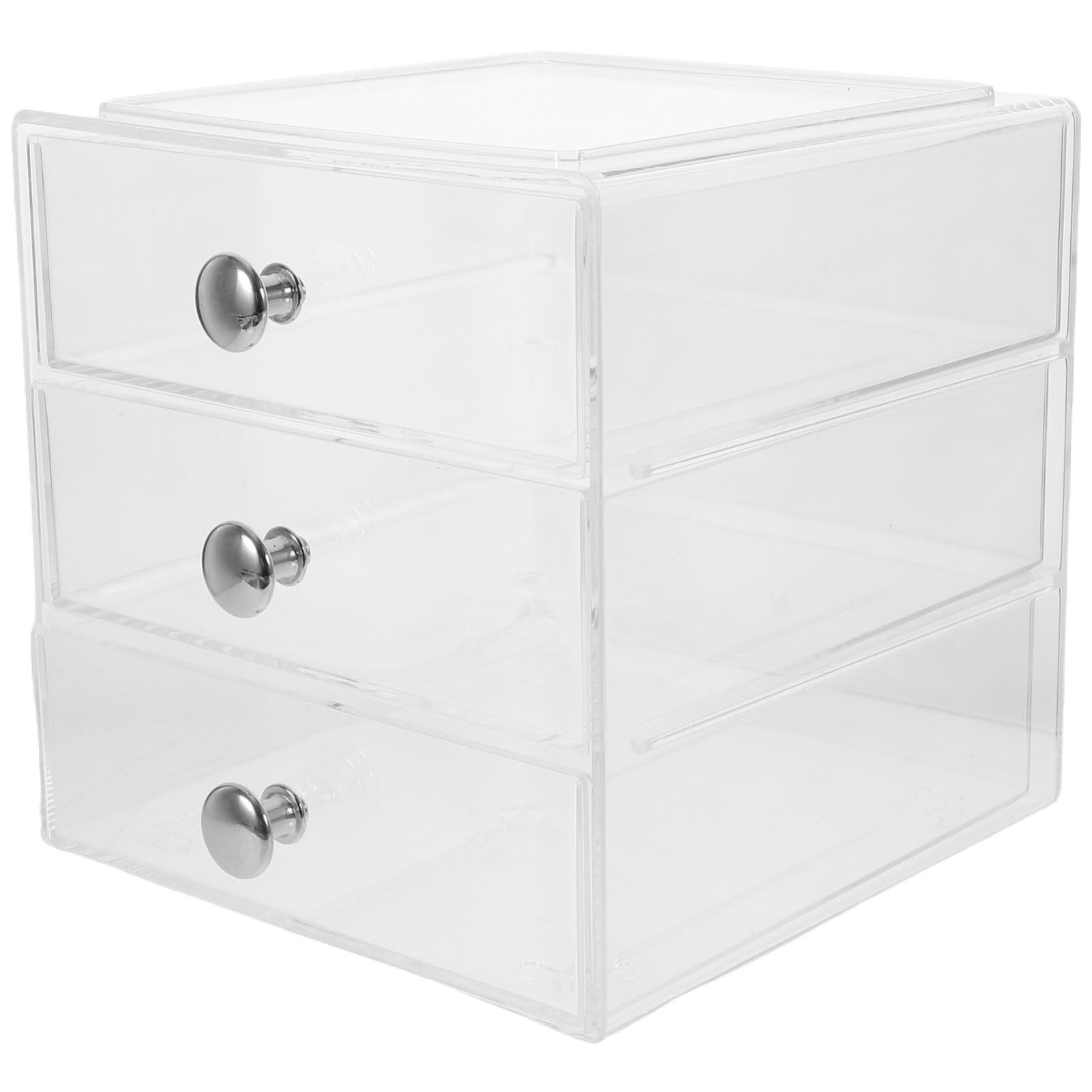 STOBAZA 3-layer Desktop Storage Box Makeup Organizer Sturdy Silver Handles Acrylic Makeup Display Case