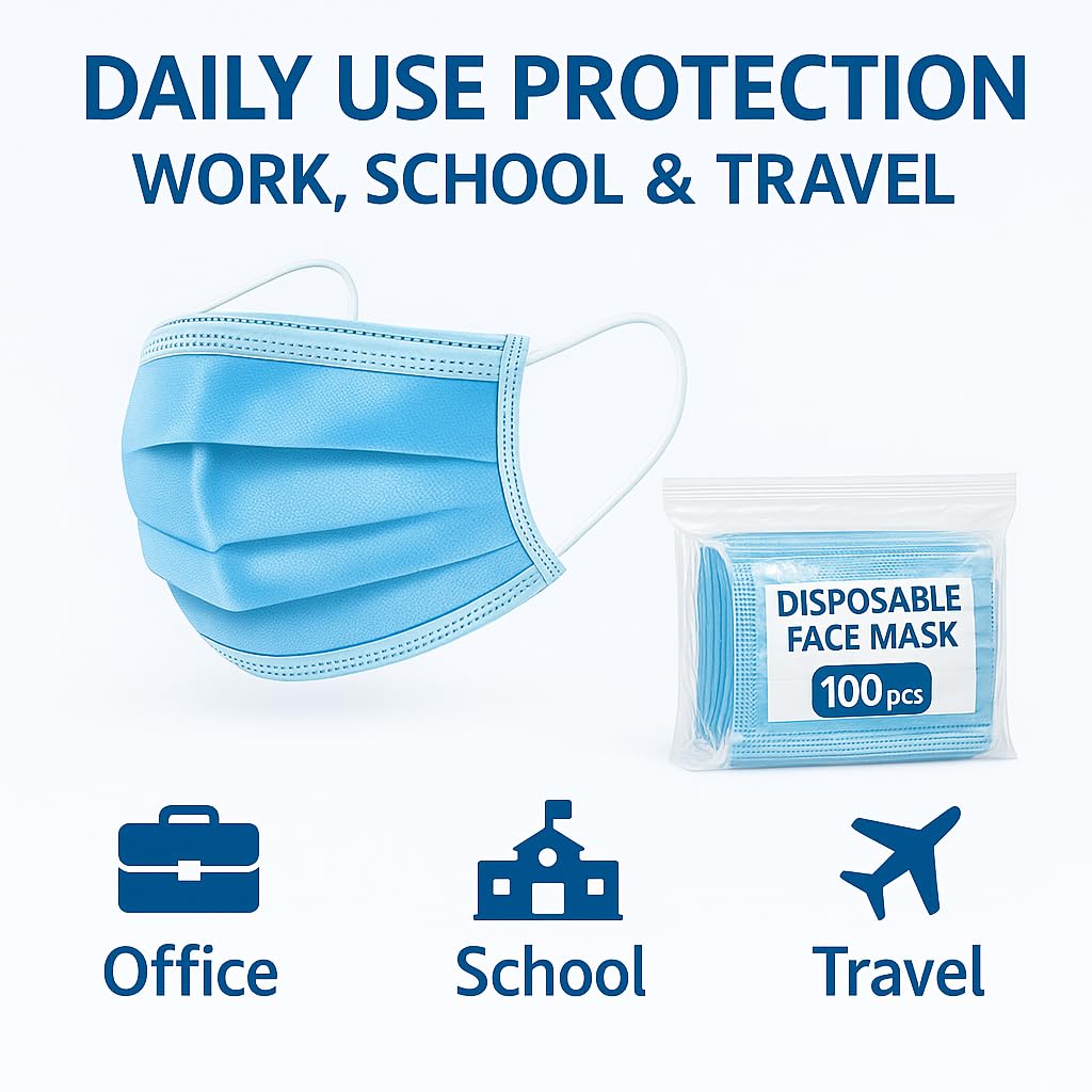 Disposable 3 Ply Blue Face Masks with Fabric Loop - Pack of 100 – Comfortable, Secure, and Breathable Protection. (Loop Face Mask) (LOOP_FACE/100) - Image 4 thumbnail