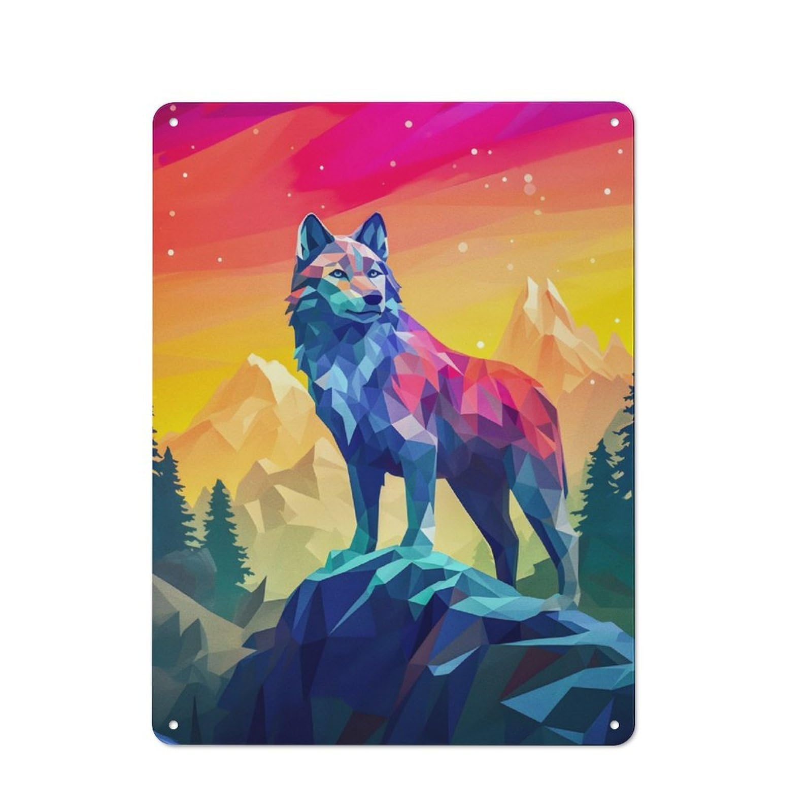 Junmoney Wolf Stand In Mountains Creative Metal Wall Decor 40X30cm, Metal Desk Wall Sign For Hobby Room, Office, Lounge Or Living Room