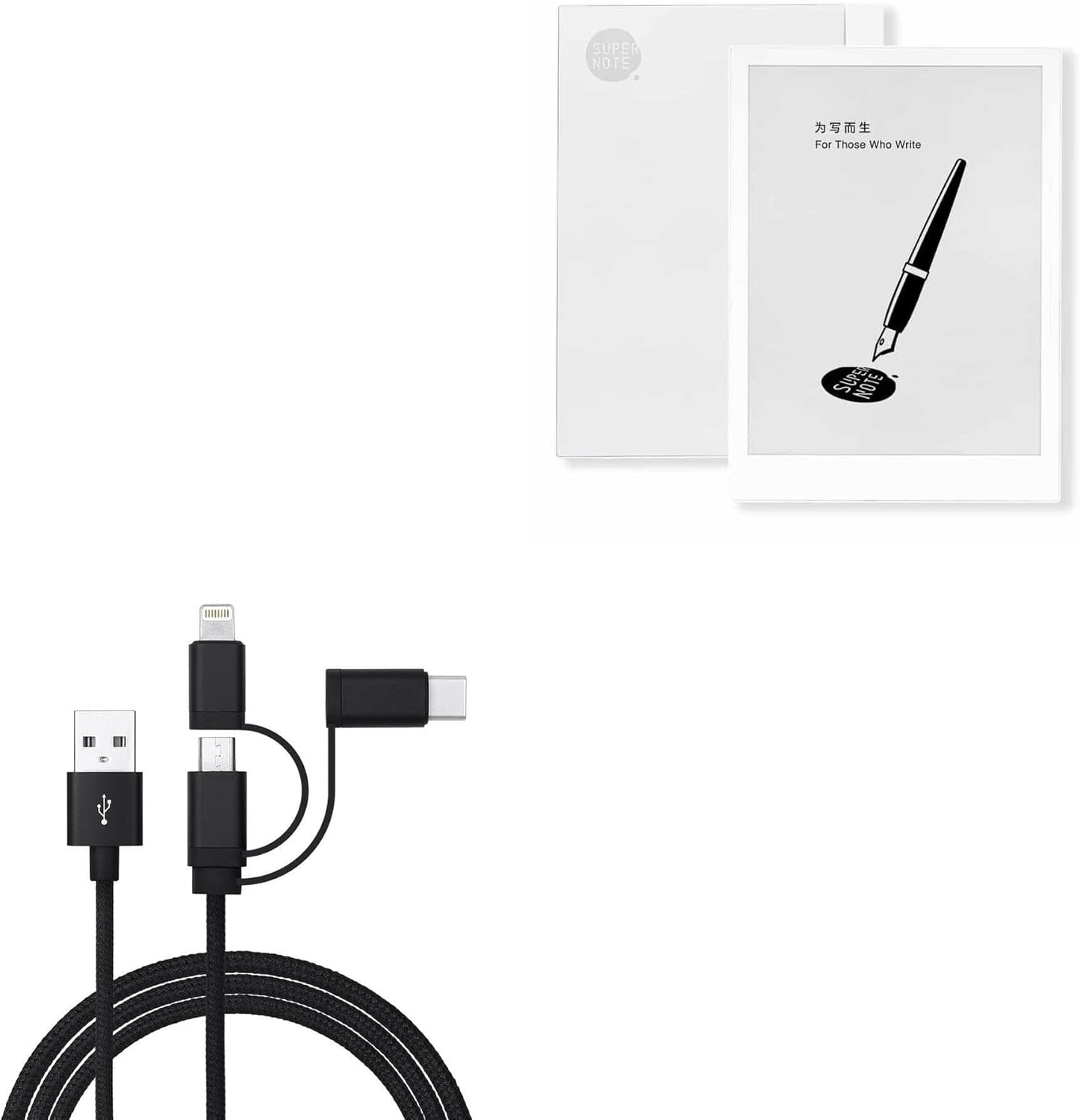 BoxWave Cable Compatible with Ratta SuperNote A5 - AllCharge 3-in-1 Cable - Jet Black