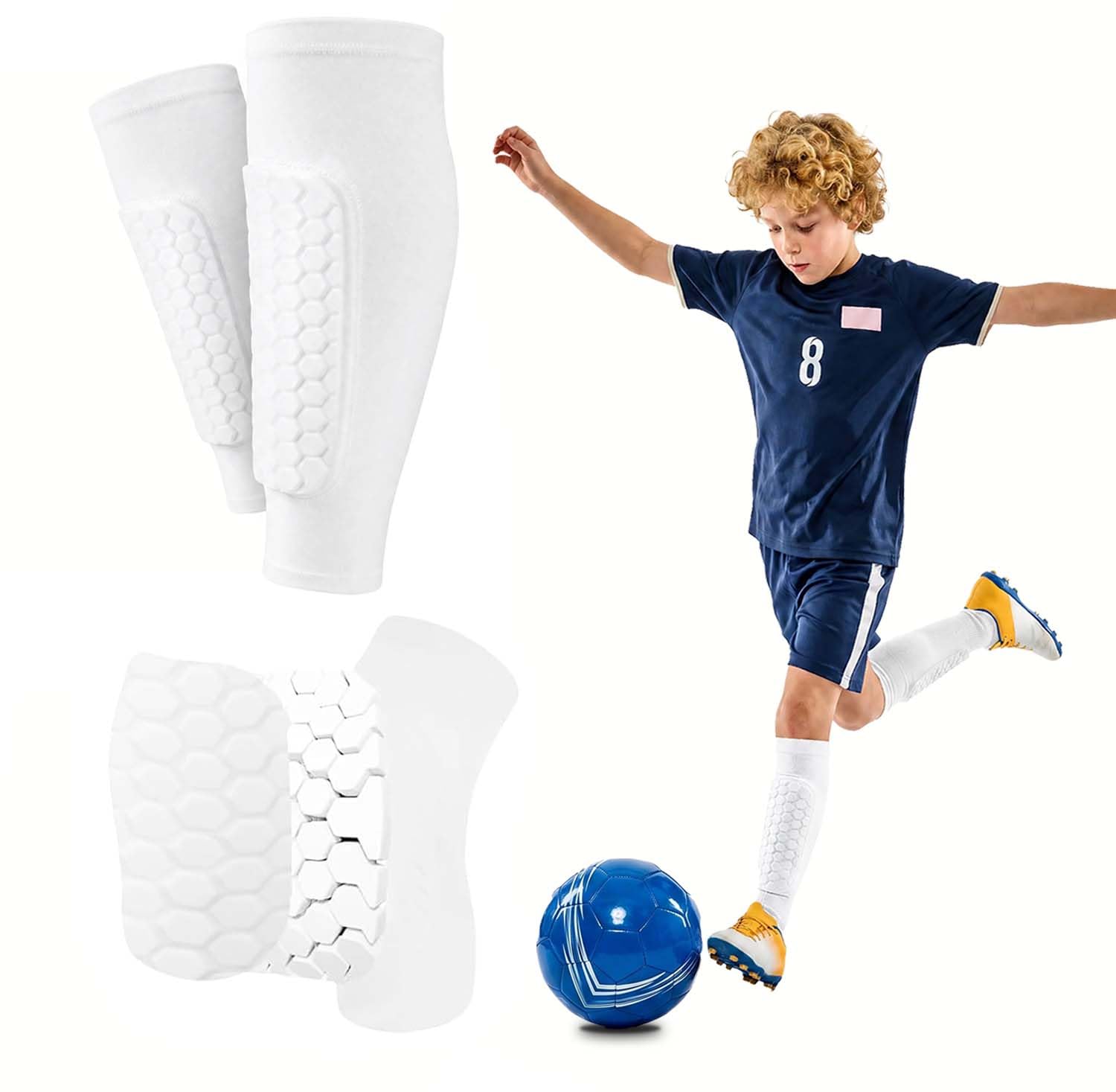 vsshe Shin Pads, Honeycomb Football Shin Guards for Boys, 1 Pair of Long Anti-Collision Calf Sleeves, with Excellent Impact Absorption, Breathable, Fit-Fitting Guards Sleeves, for Boys Girls Men