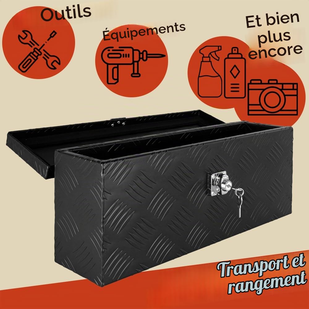 Trucky Sélection Boîte à Timon Noir Boîte à outils Caisse de camion Boîte en Aluminium Box de remorque avec couvercle Verrouillable Boîte de Transport Rangement