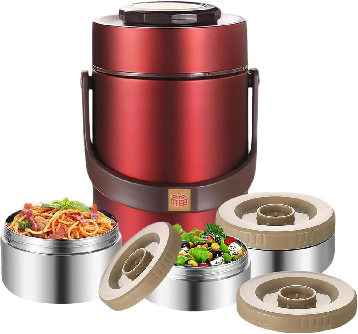 67oz Vacuum Insulated Lunch Food Container for Hot Food, 3 Tier Sealed Stackable Food Thermo, Adults Stainless Steel Wide Mouth Thermal Lunch Box, Leak-Proof Thermo Food Jar for Office & Outdoor(Red)