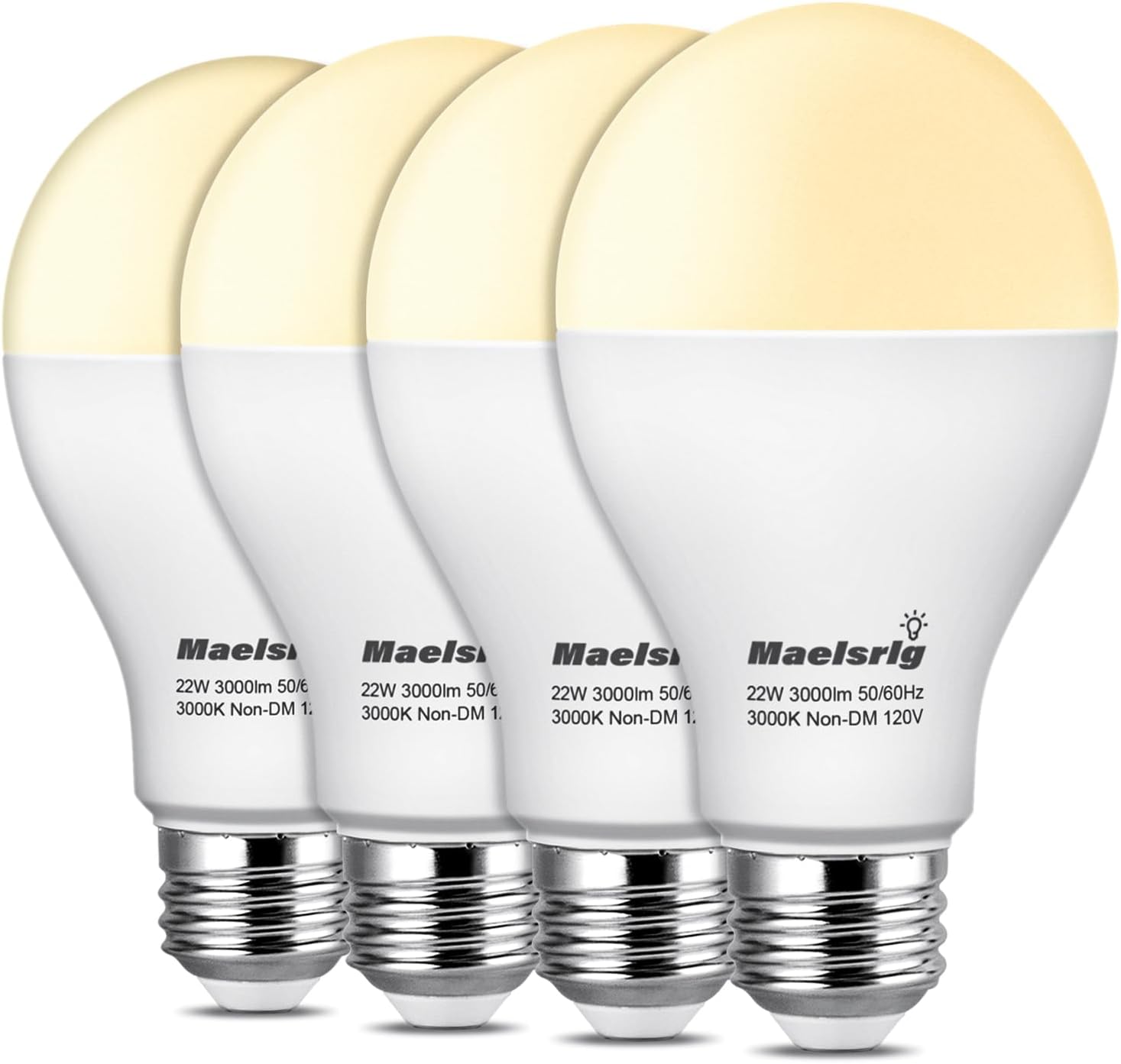 Maelsrlg 200 Watt Equivalent LED Bulb, A21 22W 3000 Lumen Light Bulb, Warm White 3000K, Non-Dimmable E26 Medium Base 120V-High Output 200 Watt LED Light Bulb for Home, Garage, Basement, 4-Pack