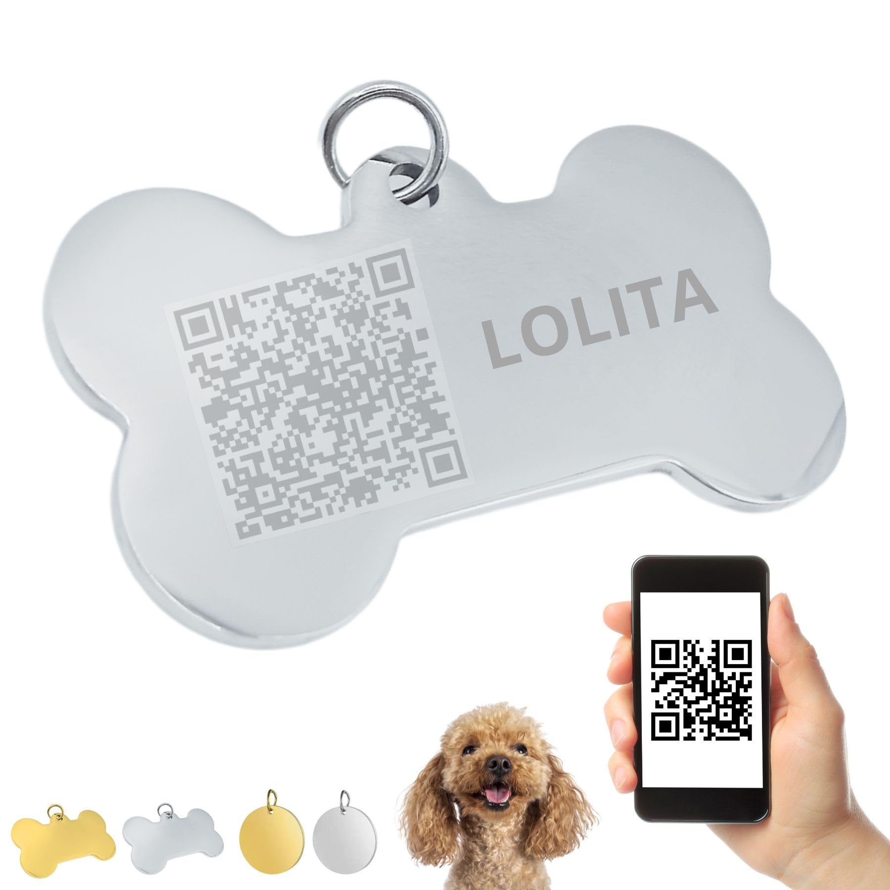 Tousy Pet Chapa de Identificación Personalizada con QR para Perros y Gatos Pequeños Medianos y Grandes Acero Inoxidable Grabado laser Profesional Medalla Colgante para Perros (Hueso Plateado, S)