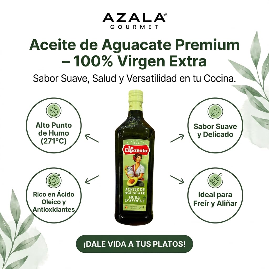 Aceite de Aguacate 100% Puro 1 L | Prensado en Frío, Alto Punto de Humo | Perfecto para Freír, Cocinar, Asar, Ensaladas, Dieta Keto, Repostería y Cocina Saludable