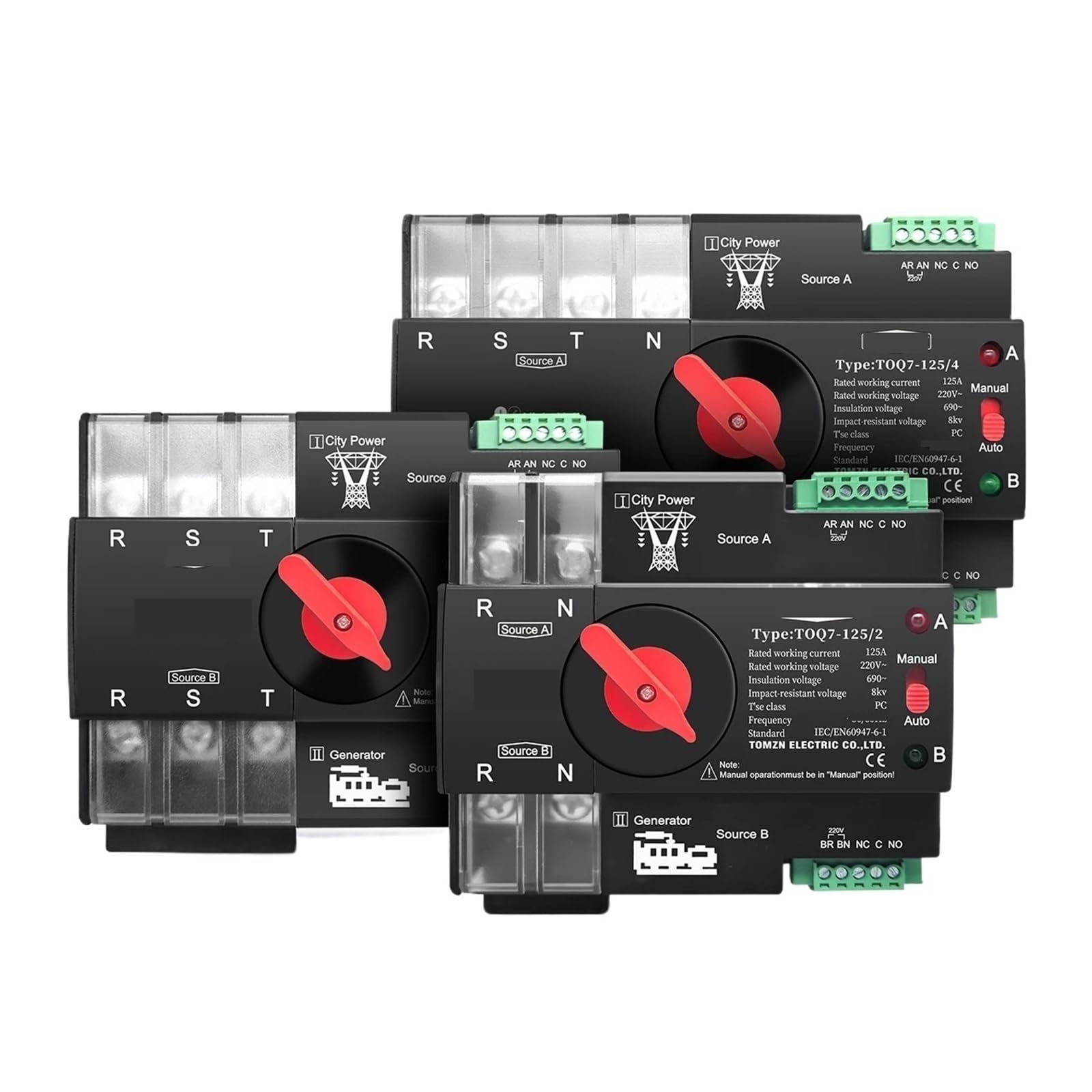 Rail 3 Phase 2P3P4P 63A 100A 125A 230V Dual Power Automatic Transfer Electrical Selector Switch Uninterrupted(2P L N 220V-230V,100A)