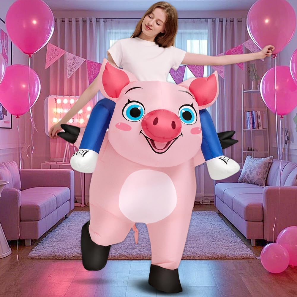 JASHKE Costume Cochon Chevaucher Gonflable Deguisement Cochon Gonflables | Costume Gonflable de Cochon pour Adulte Chevauche un Cochon Rose Deguisement Gonflable Rigolos Halloween Noël Carnaval