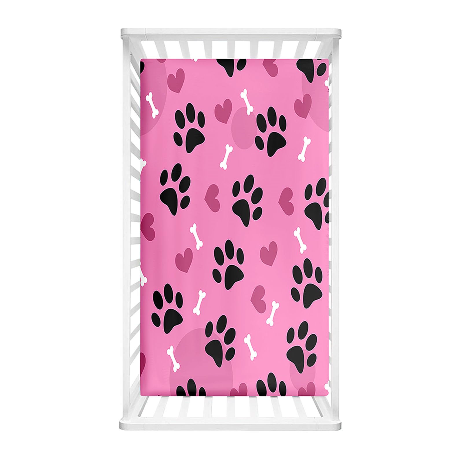 Odot Cot Bed Fitted Sheets, Dog Paw Print Pattern Cot Bed Sheet Fitted Sheets for Cribs Baby Bed Sheets Soft Bassinet Sheets Cot Bed Mattress Protector for Boy Girl (Pink Love Heart,95x65x10cm)