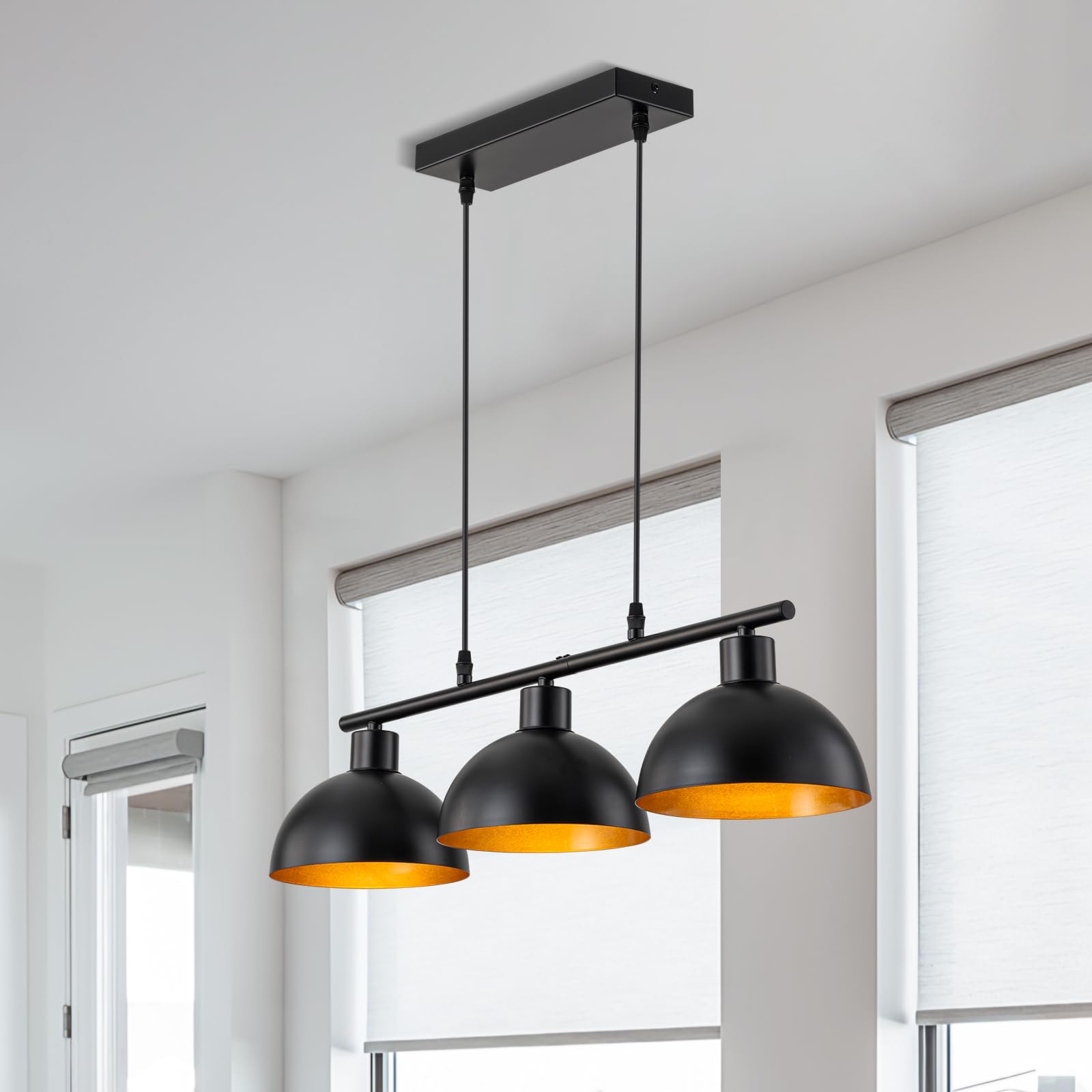 WILON Pendelleuchte Esstisch Schwarz, Esstischlampe Hängend,Vintage Pendelleuchte im Industrial Design, Metall Lampenschirm Hängelampe 3 Flammig, Wohnzimmerlampe Decke Hängend (Ohne Lichtquelle)