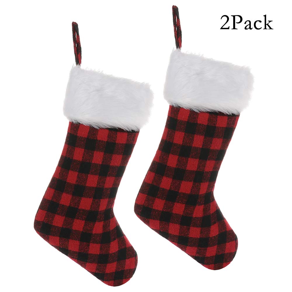 SANGDA 2PC 20inch Large Christmas Stockings with Plush Cuff,Red Black Buffalo Plaid Stocking Hanging Ornaments Decorations for New Year Xmas Tree Fireplace Mantel Decor