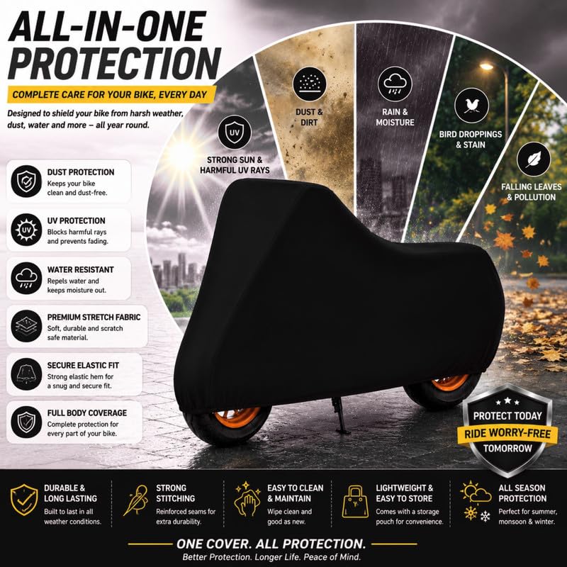 Image of Powerfull Bike Body Cover for CB350 Dustproof Scratchproof - 100% Waterproof CB350 Cover for Two Wheeler, Outdoor Full Motorcycle Cover with UV, Duty, Rain Protection - Black