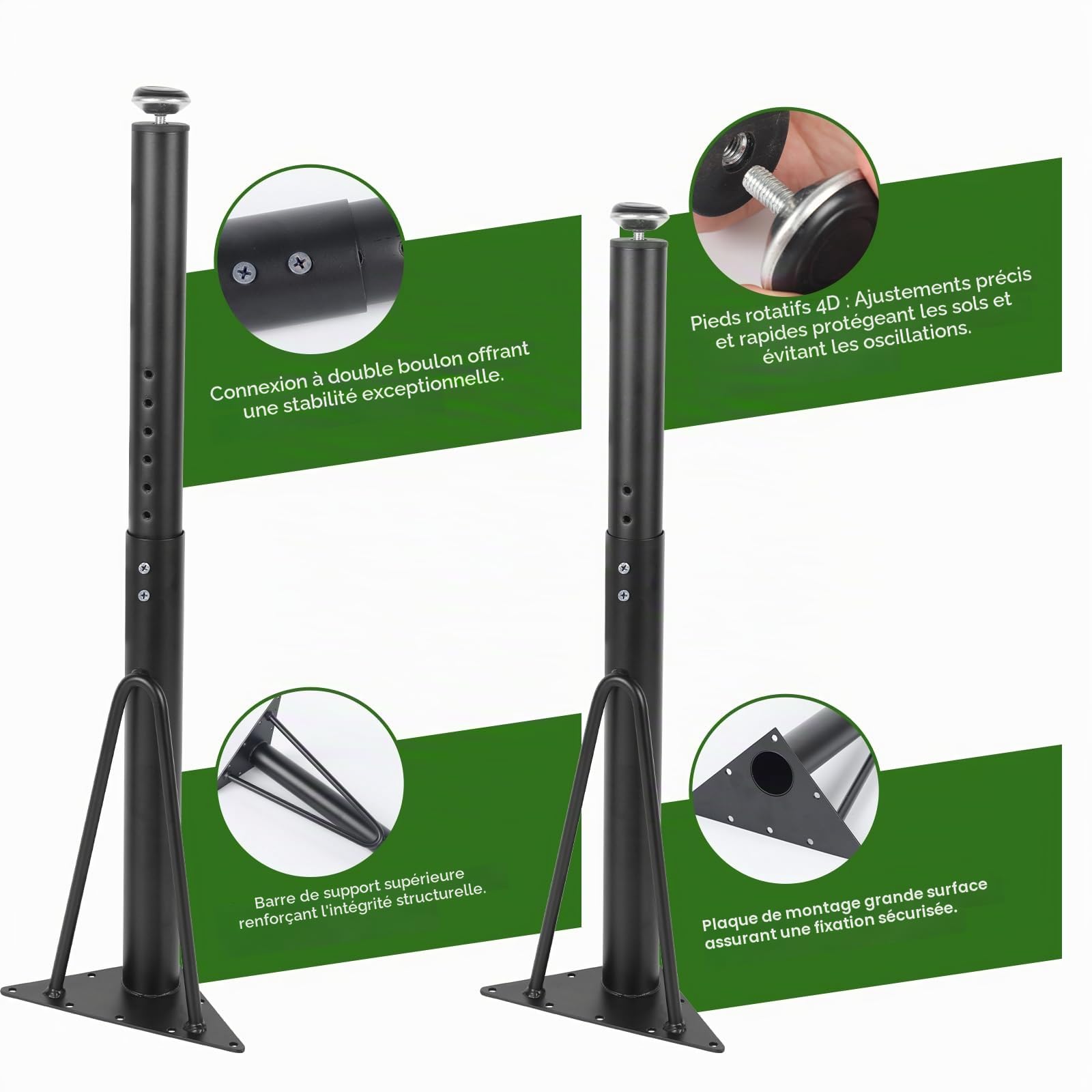 Lot de 4 Pieds de Table réglables en Hauteur - 50 à 75 cm - Métal Noir - Diamètre : 4 cm - Cylindrique - pour Bureau, Table à Manger, Armoire