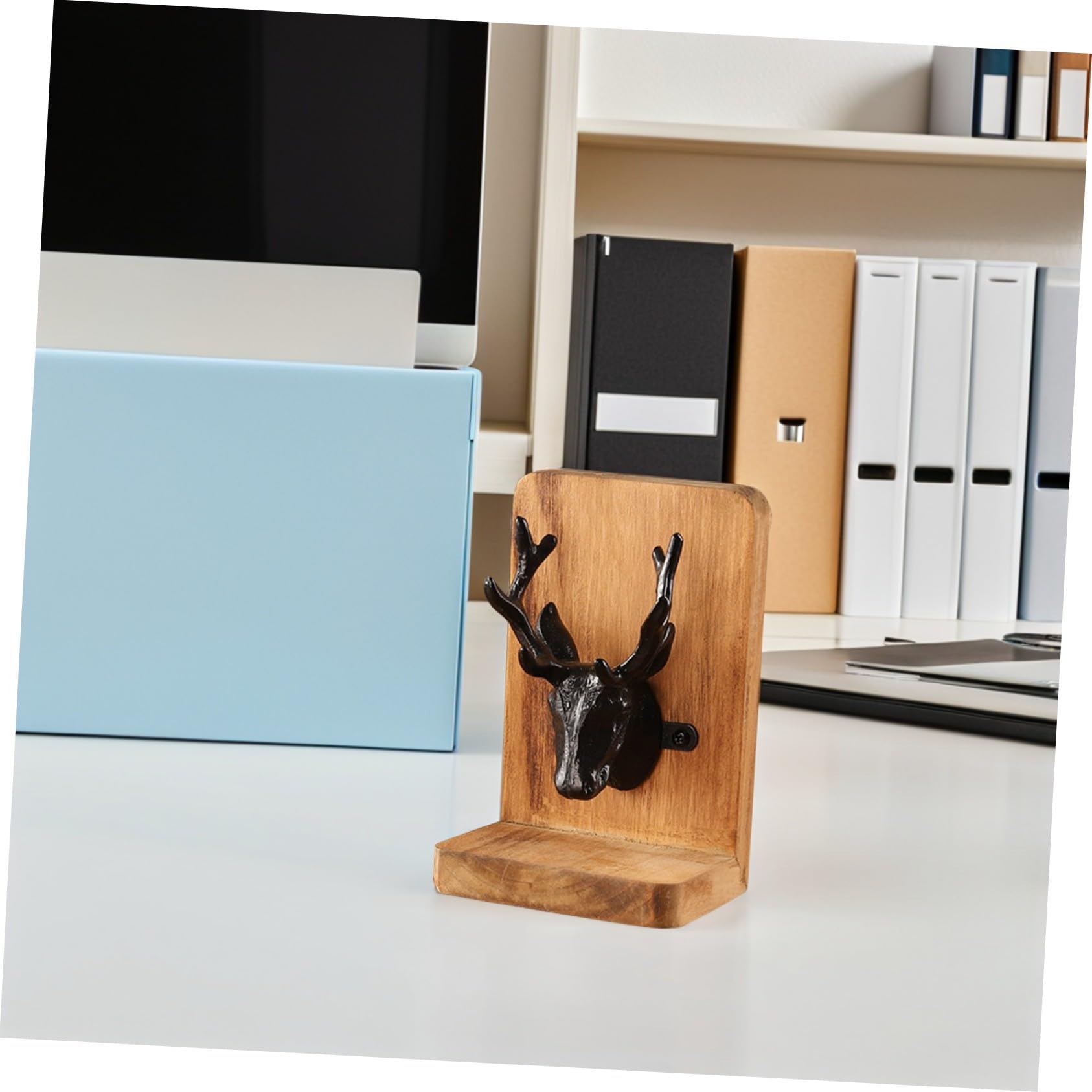 Fermalibri in Legno con Testa di Cervo Stile Scandinavo Supporto Stabile Antiscivolo per Mensole e Scrivania Organizer Decorativo per Libri e Documenti Elegante Accessorio per