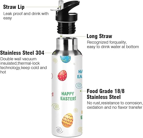 Miniatura 3 de Insulated Stainless Steel Water Bottle with Straw 20 Oz, Leakproof Water Bottles for Gym Outdoor Travel School, Colorful Easter Eggs White