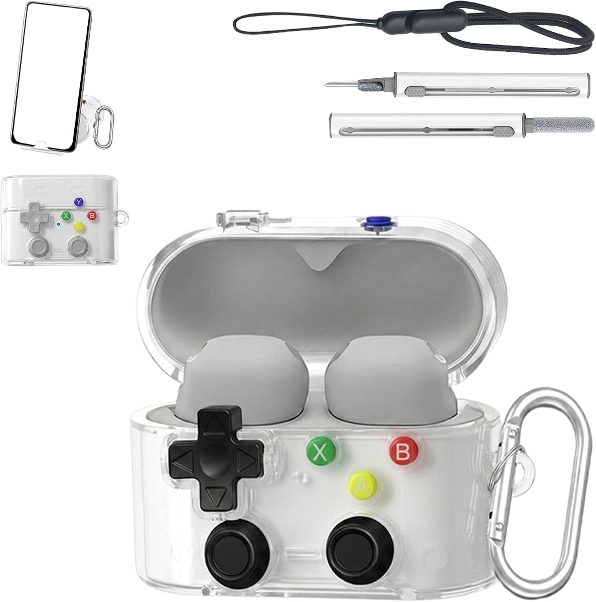 for Sony WF-1000XM6 Case,Game Console Style Transparent Cover with Lockingf Clip & Pressable Buttons,Kickstand for Phone,Secure Lock Prevents Drop Ejection,Clear