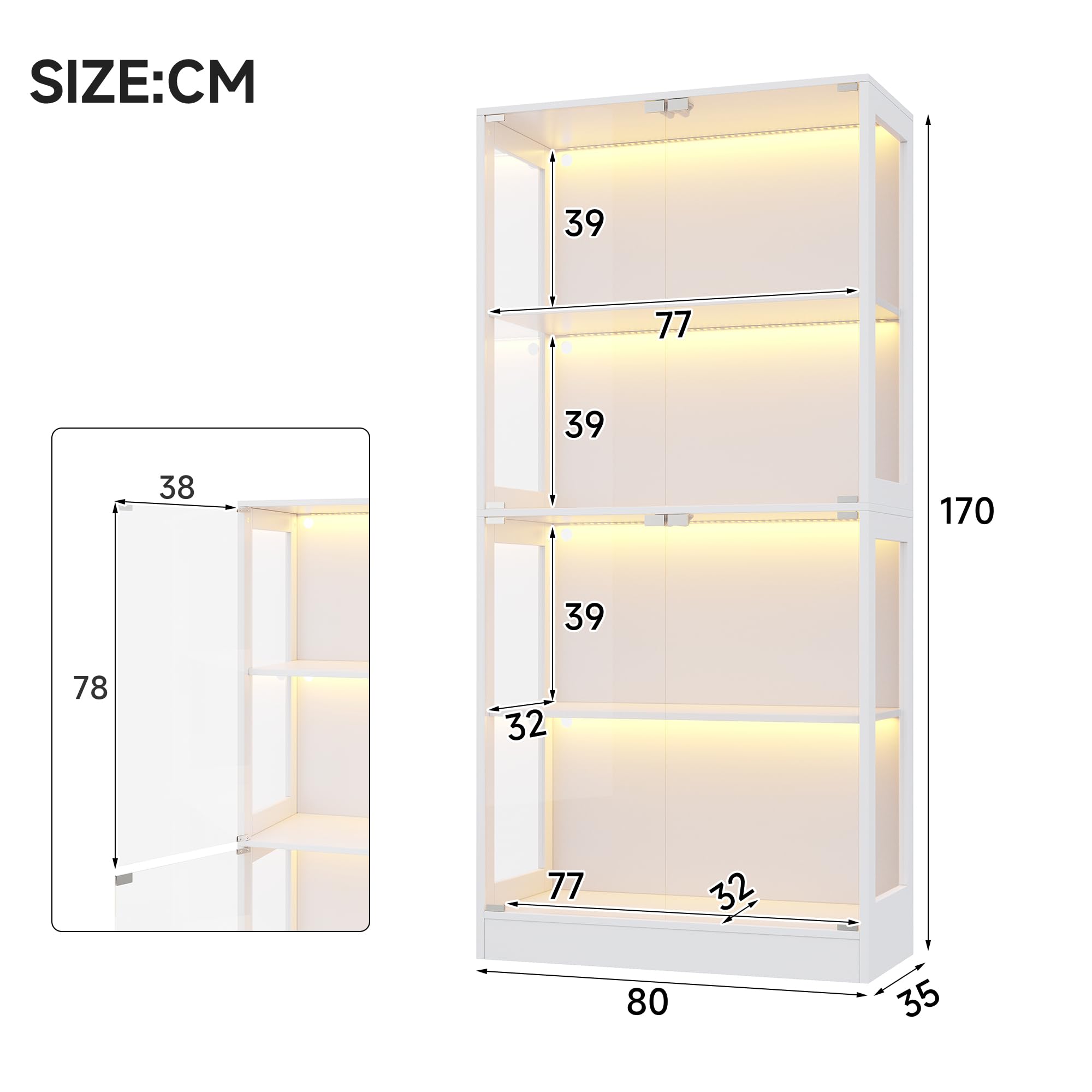 Soweiz Vitrina LED de cristal transparente, 4 niveles de almacenamiento, luz LED controlada por aplicación, puertas push to abiertas, vitrina para figuras y modelos (blanco, 80 x 35 x 170 cm)