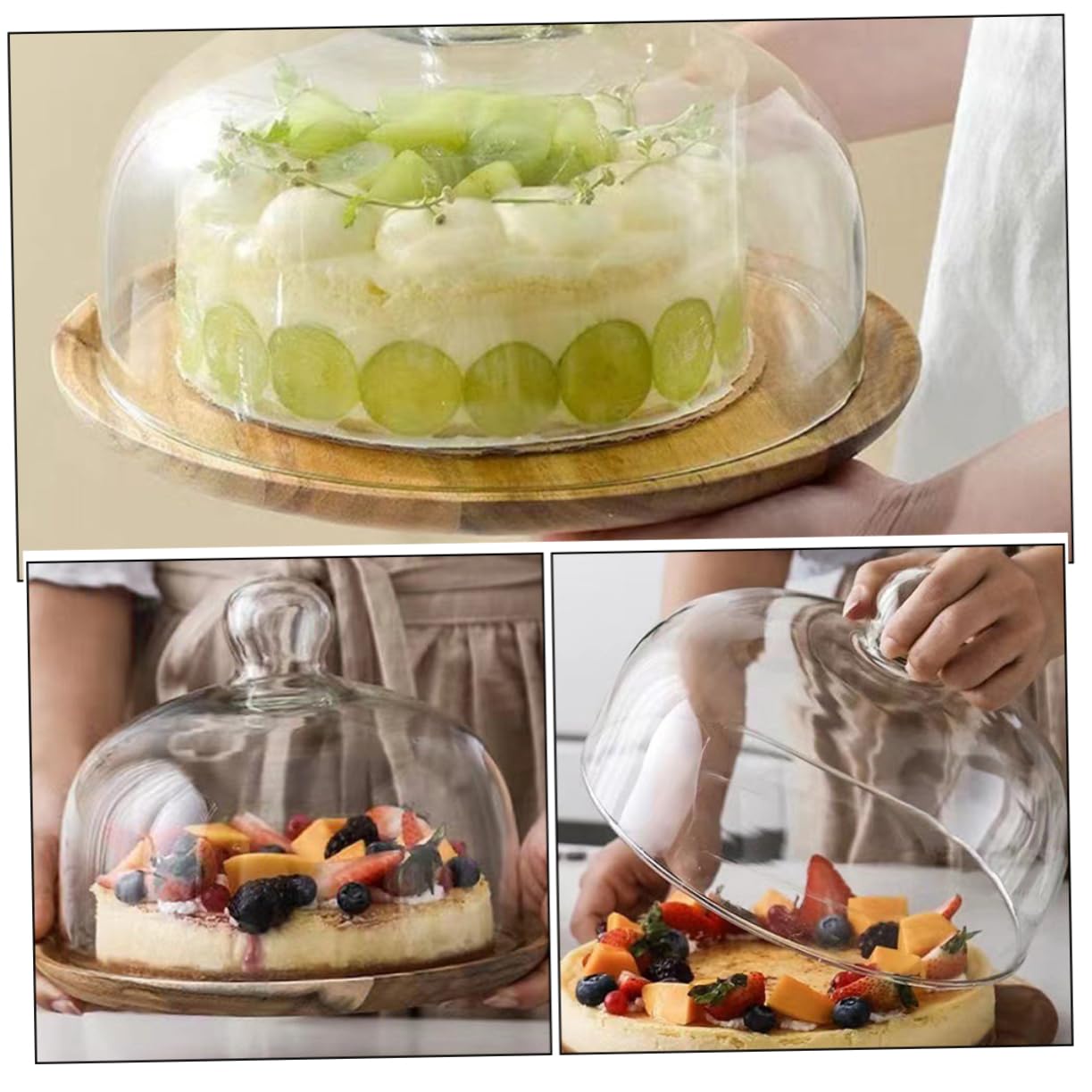 Alzata per Dolci in Vetro Base in Legno e Cupola, Vassoio per Torta e Dessert, per Matrimoni e Compleanni