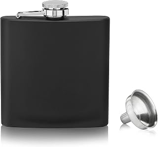 True Stainless Steel Metal Flask for Men, Drinking Flasks for Whiskey Tequila Rum Brandy Cocktails, Travel, Backpacking, 6 oz Set of 1, Matte Black