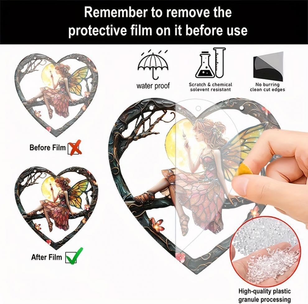 Forest Butterfly Fairy Stained Window Hanging Ornament, Heart Shaped Moon Garden Stained Acrylic Double-Sided Printed Window Panel, Great Gift for Mom Grandma for Birthday Mother's Day or Housewarming