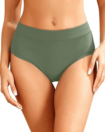 Women Mid Waist Bikini Bottoms Full Coverage Bathing Suit Swim Bottom