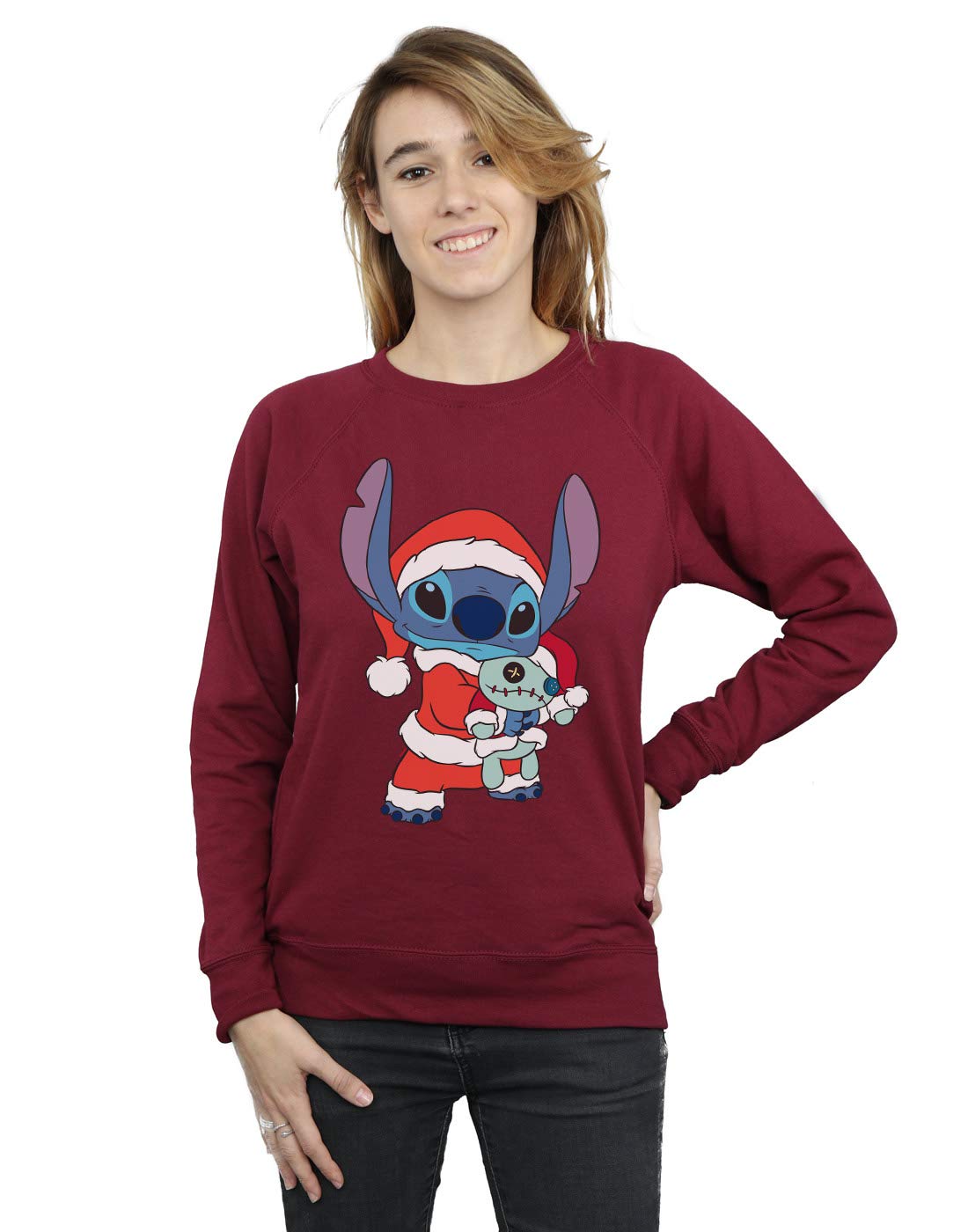 Disney Women's Lilo and Stitch Stitch Christmas Sweatshirt Burgundy Medium