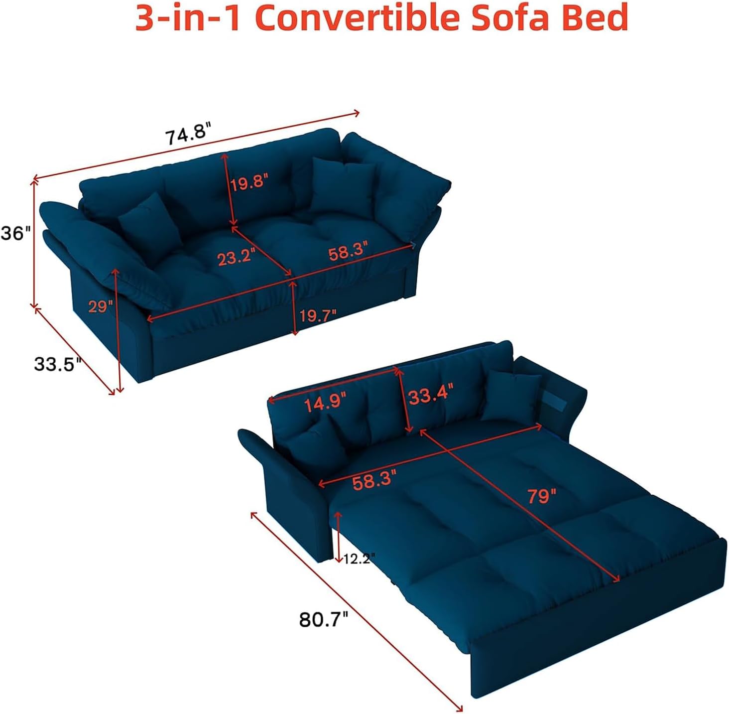 74.8" Queen Pull Out Sofa Bed, 3-in-1 Convertible Sleeper Sofa, Velvet Small Loveseat for Small Spaces, Comfy Cloud Pullout Couches, Multi-Functional Couches for Living Room, Apartment (Blue)
